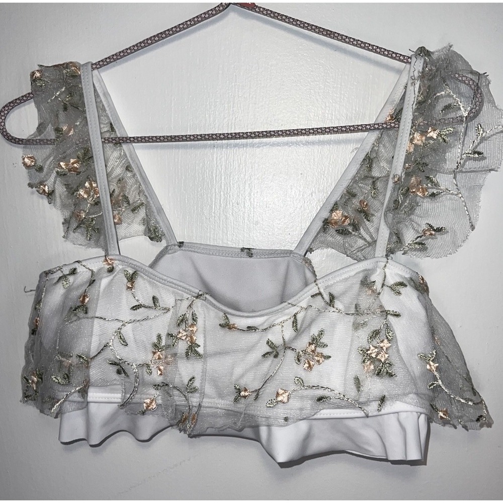 Tankini Top White Ruffle Tule Floral Embroidered Overlay Juniors 32" Chest Sz L
